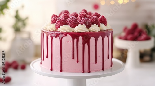 Raspberry cake with icing sits on white stand photo