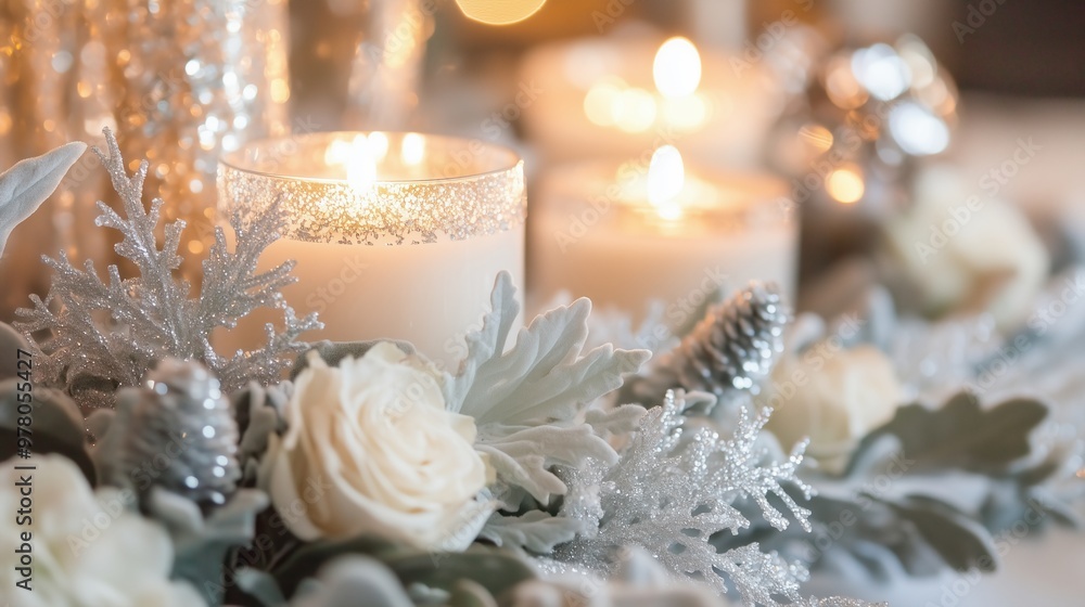 White candles shine beneath silver leaves of the bouquet White candles shine beneath silver leaves of the bouquet