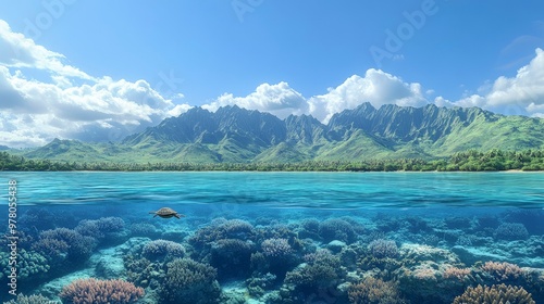 Coral lagoon with sea turtles swimming, clear blue water, coral reefs below, bright midday lighting