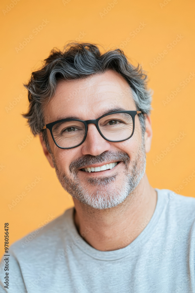 Fototapeta premium Middle-aged Caucasian man with glasses, friendly, approachable smile, against a light orange background, conveying confidence and cheerfulness.