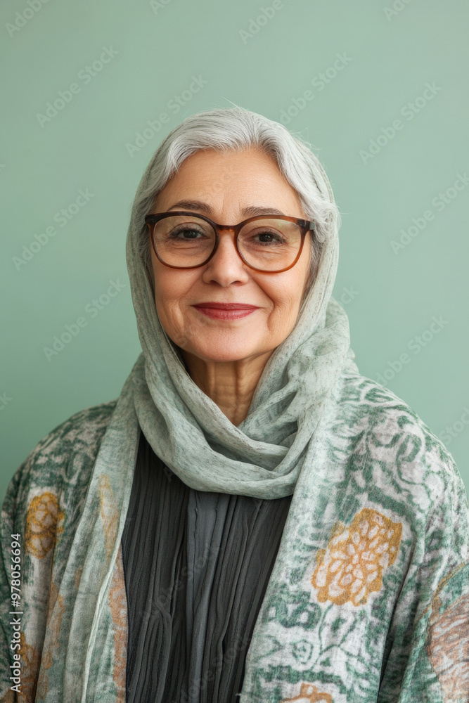 Senior Arabian woman with glasses, gentle and warm smile, standing against a light green background, evoking a caring personality. Senior Arabian woman with glasses, gentle and warm smile, standing against a light green background, evoking a caring personality.