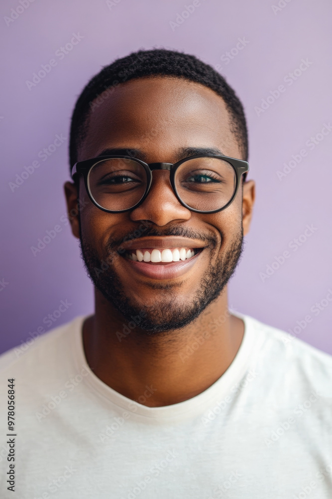 Young African American man with glasses, smiling brightly with confidence and joy, standing against a light lavender background. Young African American man with glasses, smiling brightly with confidence and joy, standing against a light lavender background.