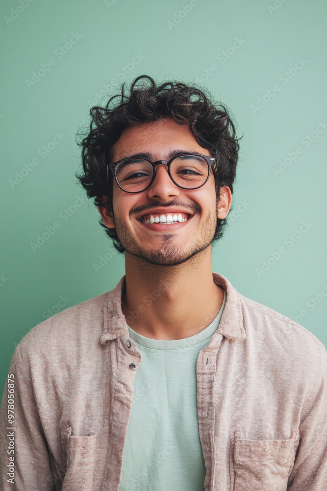 Young adult Hispanic man with glasses, cheerful smile, full of energy, standing against a soft mint green background, expressing enthusiasm and friendliness. Young adult Hispanic man with glasses, cheerful smile, full of energy, standing against a soft mint green background, expressing enthusiasm and friendliness.