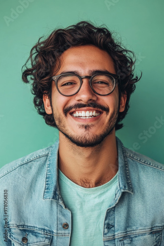 Young adult Hispanic man with glasses, cheerful smile, full of energy, standing against a soft mint green background, expressing enthusiasm and friendliness.
