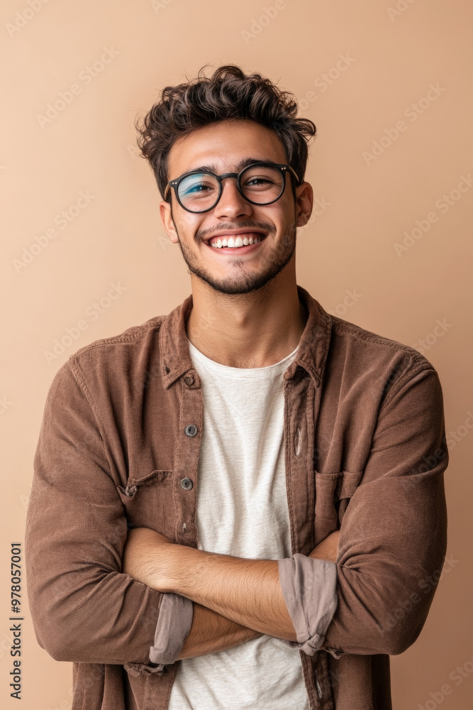 Young Hispanic man with glasses, smiling confidently with a lively expression, standing against a light beige background. Young Hispanic man with glasses, smiling confidently with a lively expression, standing against a light beige background.