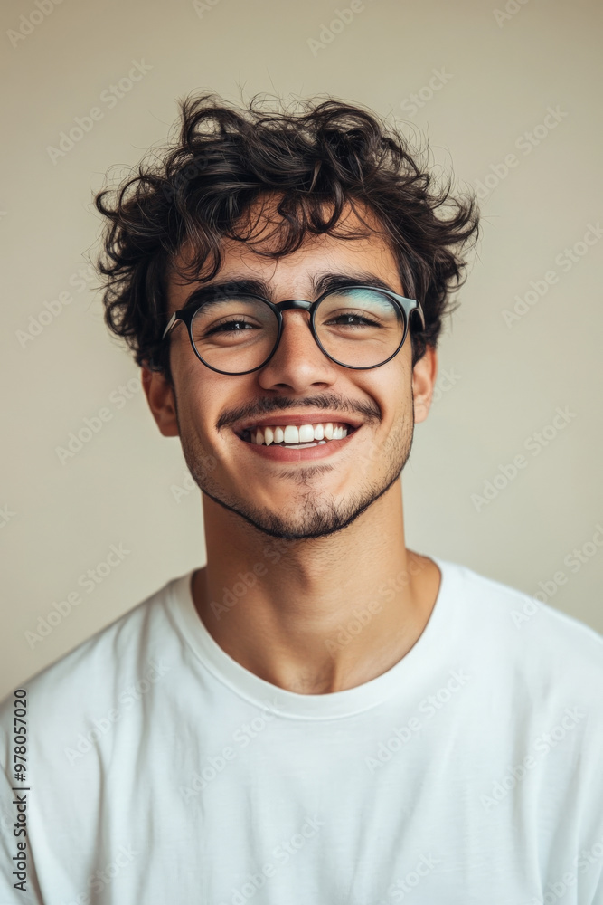 Young Hispanic man with glasses, smiling confidently with a lively expression, standing against a light beige background. Young Hispanic man with glasses, smiling confidently with a lively expression, standing against a light beige background.