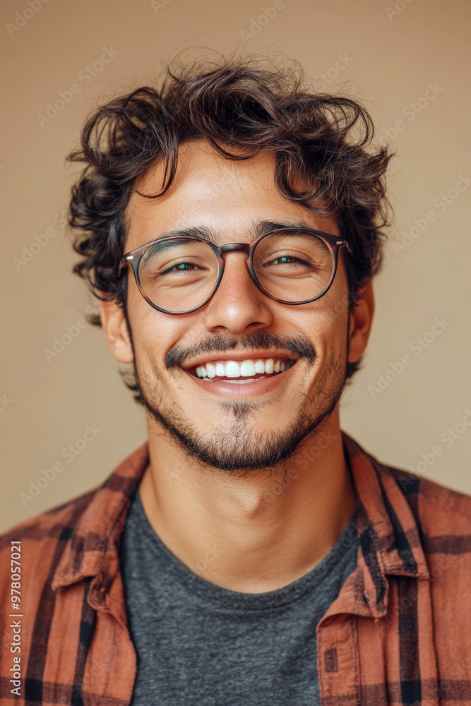 Young Hispanic man with glasses, smiling confidently with a lively expression, standing against a light beige background.
