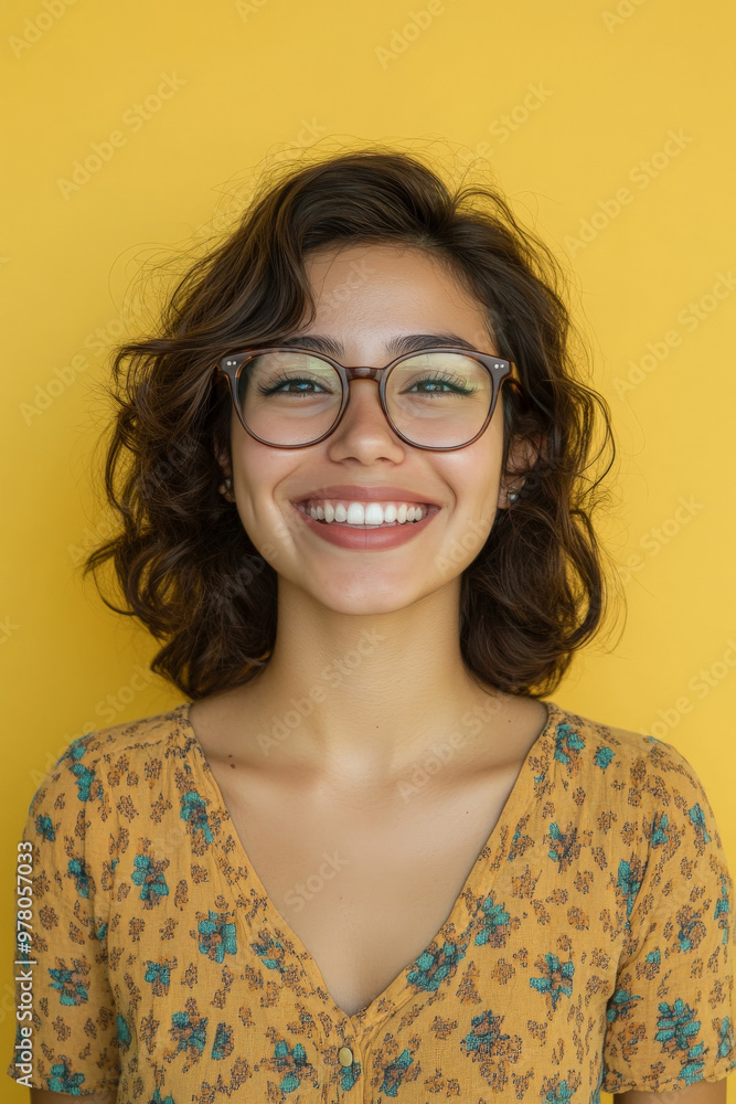 Young Hispanic woman with glasses, smiling brightly with a cheerful demeanor, standing against a soft pastel yellow background. Young Hispanic woman with glasses, smiling brightly with a cheerful demeanor, standing against a soft pastel yellow background.
