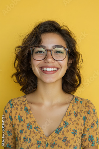 Young Hispanic woman with glasses, smiling brightly with a cheerful demeanor, standing against a soft pastel yellow background.