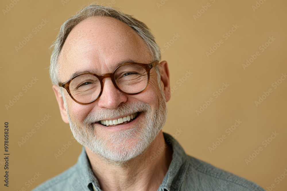 Senior Caucasian man with glasses, wide smile, gentle and wise expression, against a soft beige background, projecting kindness and warmth, with a lighthearted personality. Senior Caucasian man with glasses, wide smile, gentle and wise expression, against a soft beige background, projecting kindness and warmth, with a lighthearted personality.