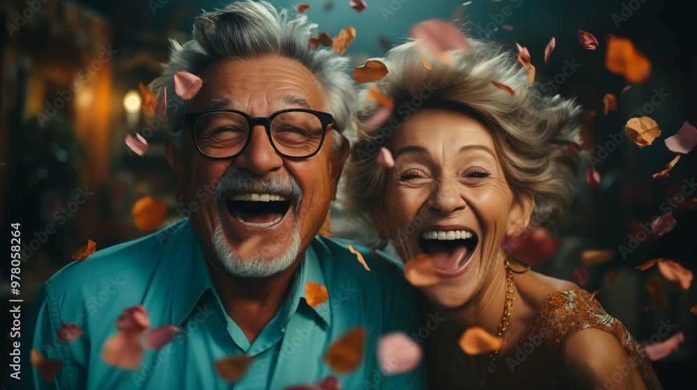 Happy laughing senior couple women and man with glasses and falling confetti on teal blue background. Modern old guy with smile celebrating at party. Winning Lottery. Happy laughing senior couple women and man with glasses and falling confetti on teal blue background. Modern old guy with smile celebrating at party. Winning Lottery.