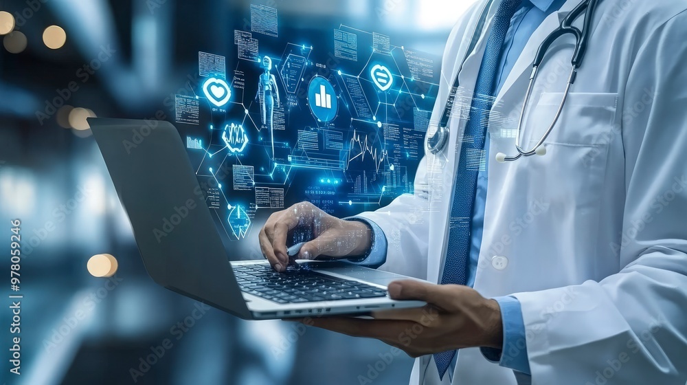 Healthcare data analytics with doctors and analysts, charts showing patient outcomes, laptops open, bright medical office lighting Healthcare data analytics with doctors and analysts, charts showing patient outcomes, laptops open, bright medical office lighting
