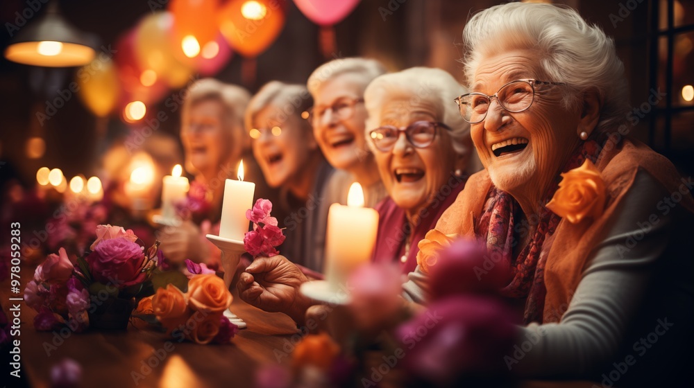 happy senior people smile together celebrating birthday in retirement. party for old people. retired old age