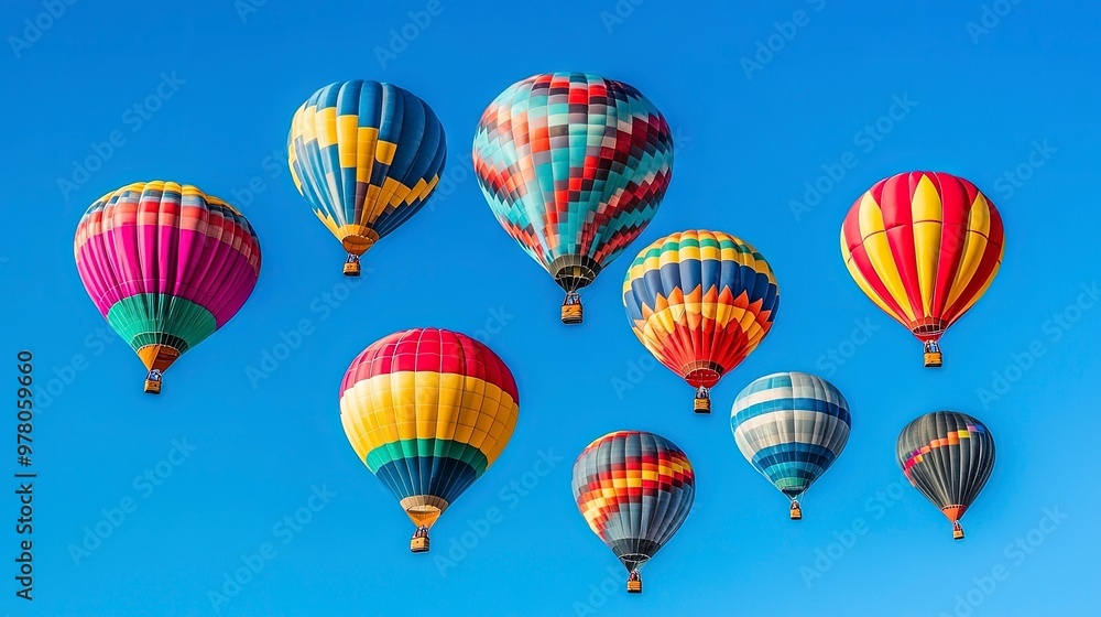 Fototapeta premium Hot air balloon festival with colorful balloons taking off, people watching from the ground, clear blue sky, early morning lighting