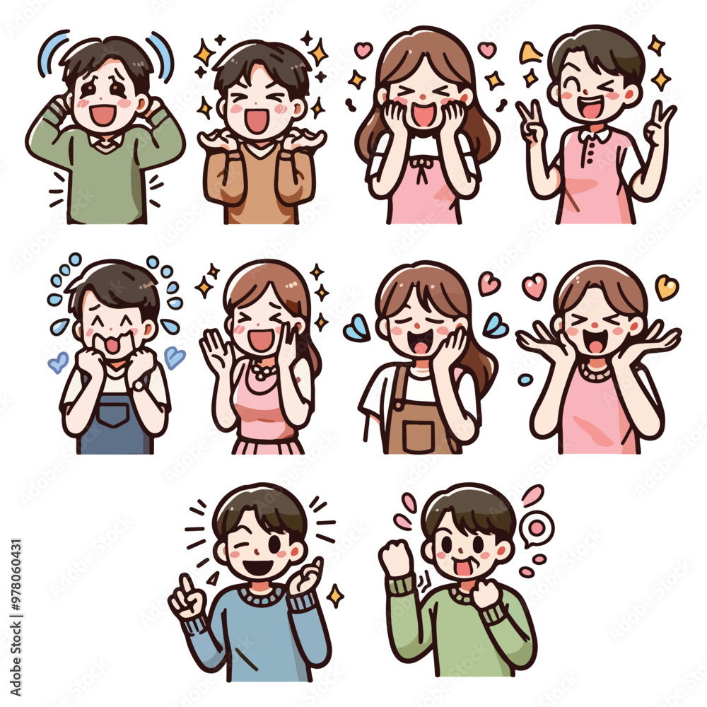 Set of people expressing emotions of joy and happiness. Men and women face expression. Set of people expressing emotions of joy and happiness. Men and women face expression.