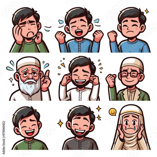 Set of muslim people expressing emotions of joy and happiness. Men and women face expression.