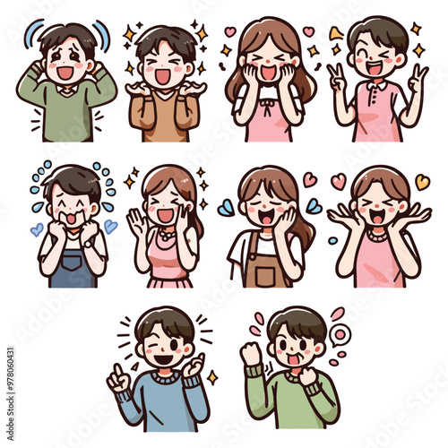 Set of people expressing emotions of joy and happiness. Men and women face expression.