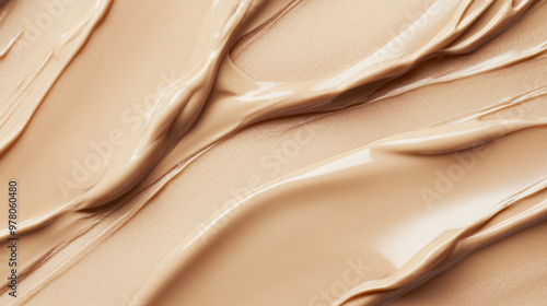 A close-up of liquid foundation cream in a neutral beige tone. The background features a creamy, smooth texture with subtle gradients and a reflective sheen, mimicking makeup on skin.