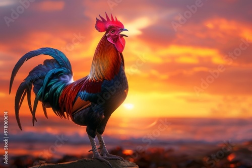 A rooster crowing proudly at sunrise, its vibrant plumage and piercing call announcing the start of a new day photo