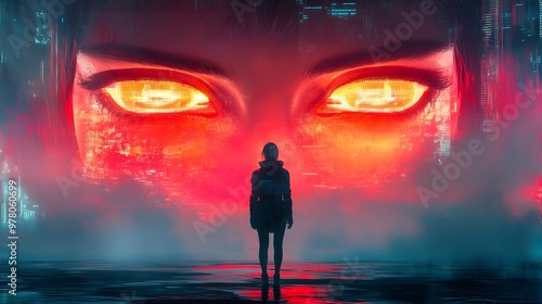 A heroic figure from the community past, standing proudly before a futuristic holographic memorial, blending vintage and cyberpunk styles, neon lights illuminating the figure, dramatic backlighting. photo