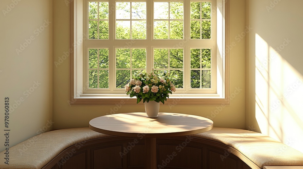 Kitchen nook with a round table, cushioned bench seating, decorative vase with flowers, bright natural lighting Kitchen nook with a round table, cushioned bench seating, decorative vase with flowers, bright natural lighting