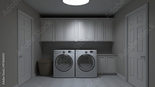 Laundry room with front-loading washer and dryer, storage cabinets, laundry basket, bright overhead lighting