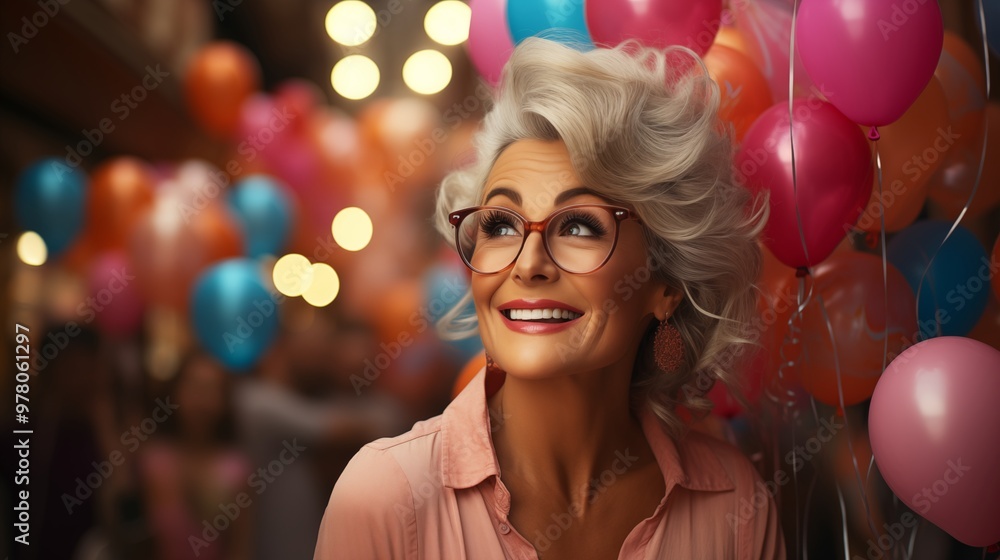 happy senior woman with gray hair in elegant clothes and eyeglasses smiling and looking at balloons during nerds party happy senior woman with gray hair in elegant clothes and eyeglasses smiling and looking at balloons during nerds party