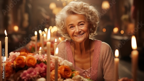 Happy senior woman sitting at the table with birthday cake and candles