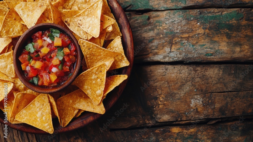 Tortilla chips with tomato salsa in bowl on wooden table Tortilla chips with tomato salsa in bowl on wooden table