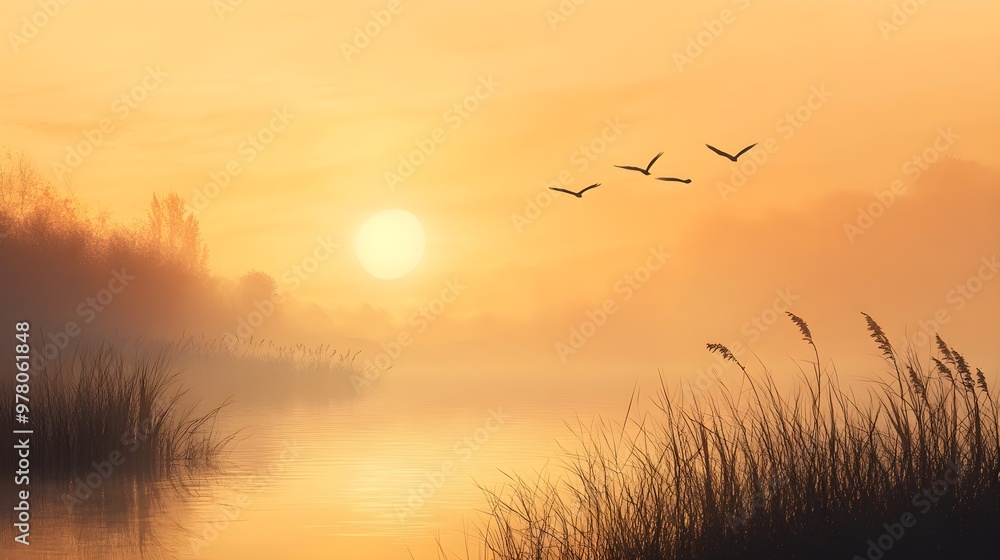 A serene landscape of a nature reserve at sunrise, with silhouettes of birds flying over a misty lake, realistic style, warm golden hues, subtle gradients. A serene landscape of a nature reserve at sunrise, with silhouettes of birds flying over a misty lake, realistic style, warm golden hues, subtle gradients.
