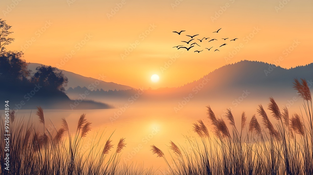A serene landscape of a nature reserve at sunrise, with silhouettes of birds flying over a misty lake, realistic style, warm golden hues, subtle gradients. A serene landscape of a nature reserve at sunrise, with silhouettes of birds flying over a misty lake, realistic style, warm golden hues, subtle gradients.