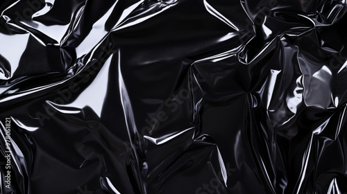 Obraz na płótnie A crumpled black plastic poster with soft wrinkles and deep creases. The reflective surface glistens with highlights along the folds, creating a dynamic, textured background. w salonie