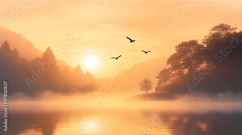 A serene landscape of a nature reserve at sunrise, with silhouettes of birds flying over a misty lake, realistic style, warm golden hues, subtle gradients.