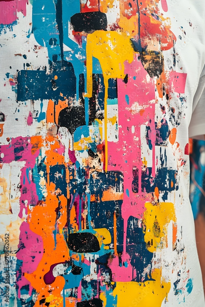 Fototapeta premium A vibrant collage of local artists' abstract paintings and street art, seamlessly integrated on a white t-shirt, creating a community mosaic, Pop Art, Bright Colors, Digital Illustration.