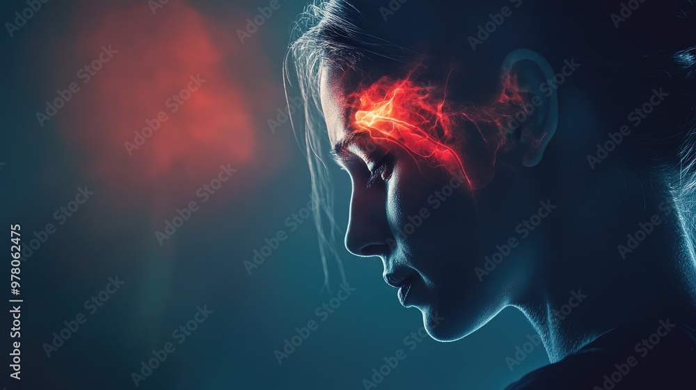 Profile of woman with red neural lightning around her temple Dark background Profile of woman with red neural lightning around her temple Dark background