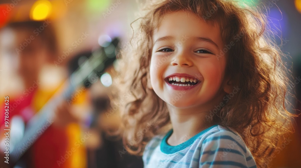 Young girl smiling with curly hair, background colorful Young girl smiling with curly hair, background colorful