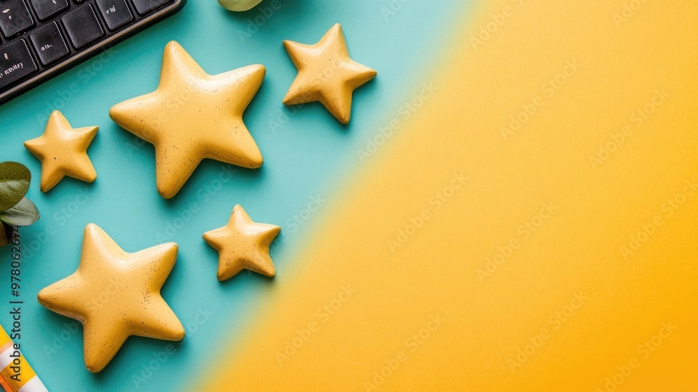 Yellow star-shaped objects on blue and yellow background with keyboard Yellow star-shaped objects on blue and yellow background with keyboard