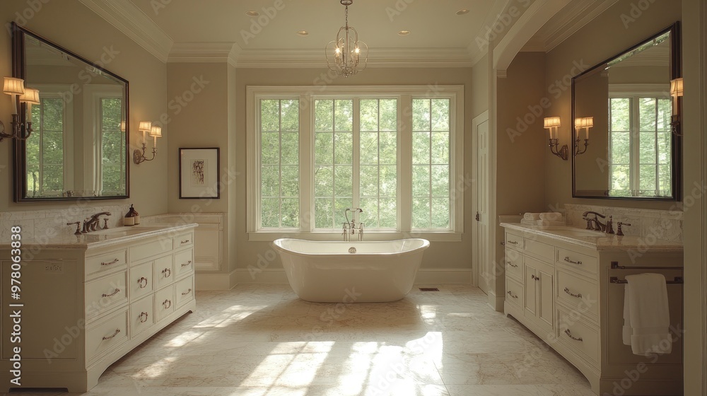 Fototapeta premium Master bathroom with a freestanding tub, double vanity, large mirror, bright vanity lighting