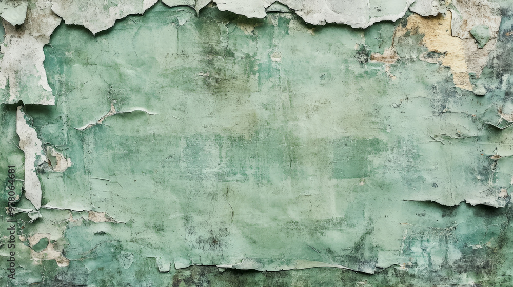 Obraz premium A grunge torn poster surface featuring faded green paper with jagged, ripped edges. Layers of old glue and dirt are visible, giving the texture an aged, gritty appearance.