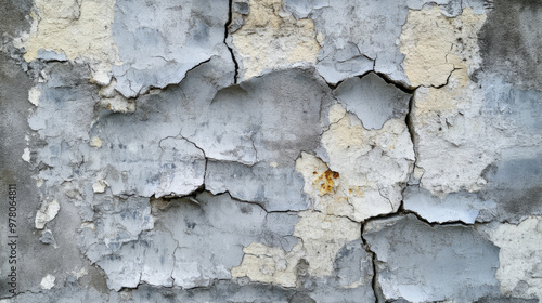 A heavily cracked concrete wall with peeling paint, revealing the raw surface underneath. The texture is rough, with deep cracks and worn patches, giving an abandoned, urban decay vibe.