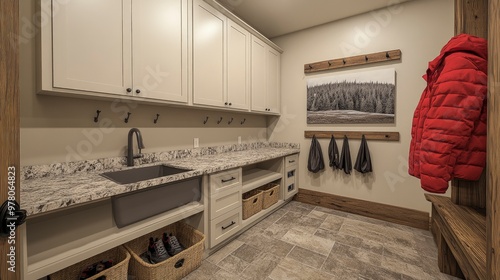 Mudroom with a utility sink, coat hooks, and cubbies for shoes, bright overhead lighting photo