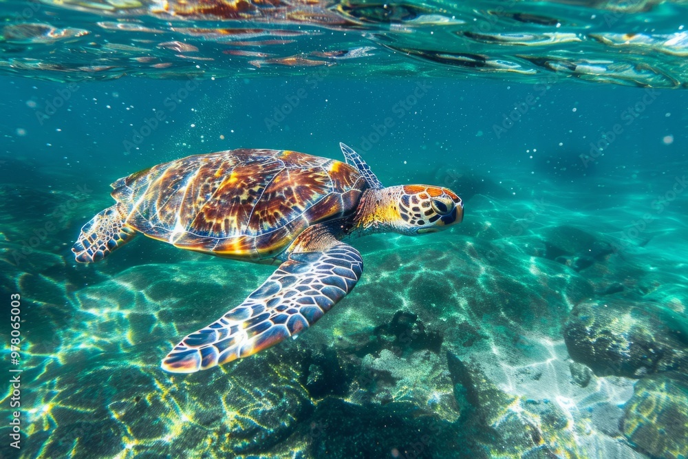 Fototapeta premium A sea turtle gracefully gliding through crystal-clear waters, its flippers propelling it effortlessly through the ocean depths