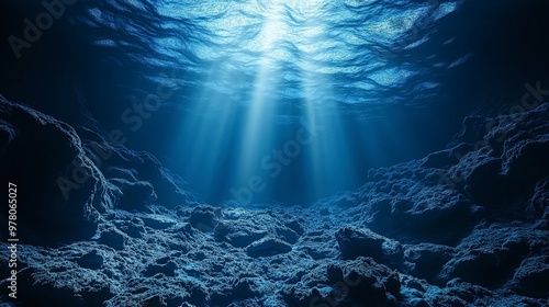 Ocean trench with deep-sea creatures, darkness surrounding, bioluminescent lights, dim blue lighting photo