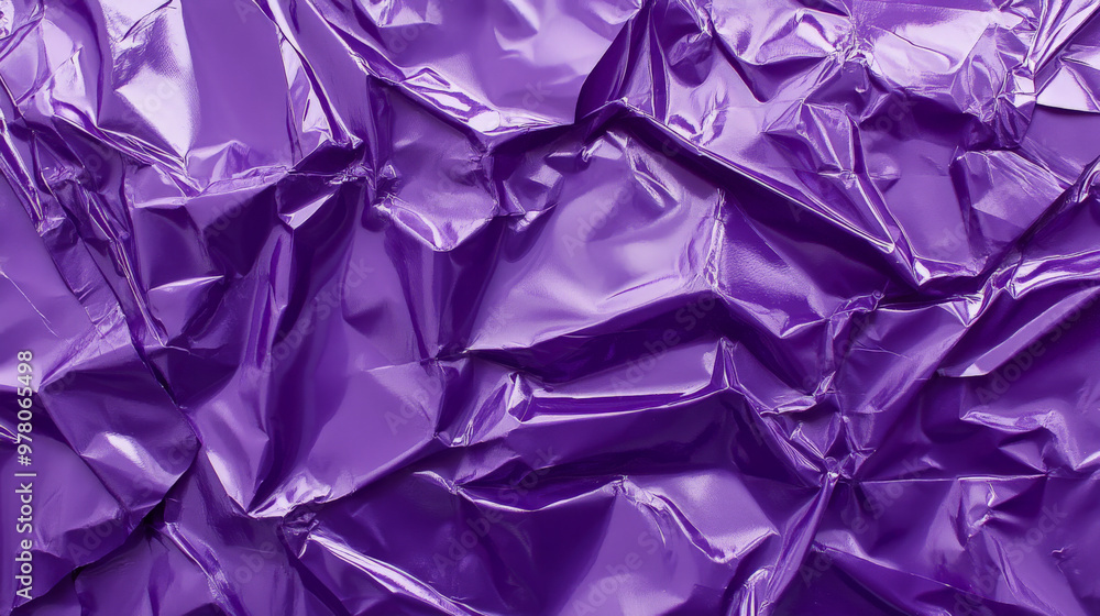 A heavily wrinkled purple plastic poster with deep creases. The glossy surface creates intense reflections and shadows, adding depth to the chaotic texture.