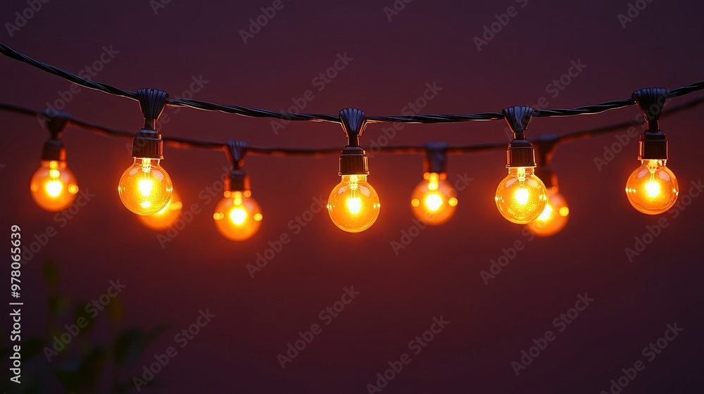 Outdoor string lights with round bulbs, glowing warm yellow, strung across a patio, evening party lighting Outdoor string lights with round bulbs, glowing warm yellow, strung across a patio, evening party lighting