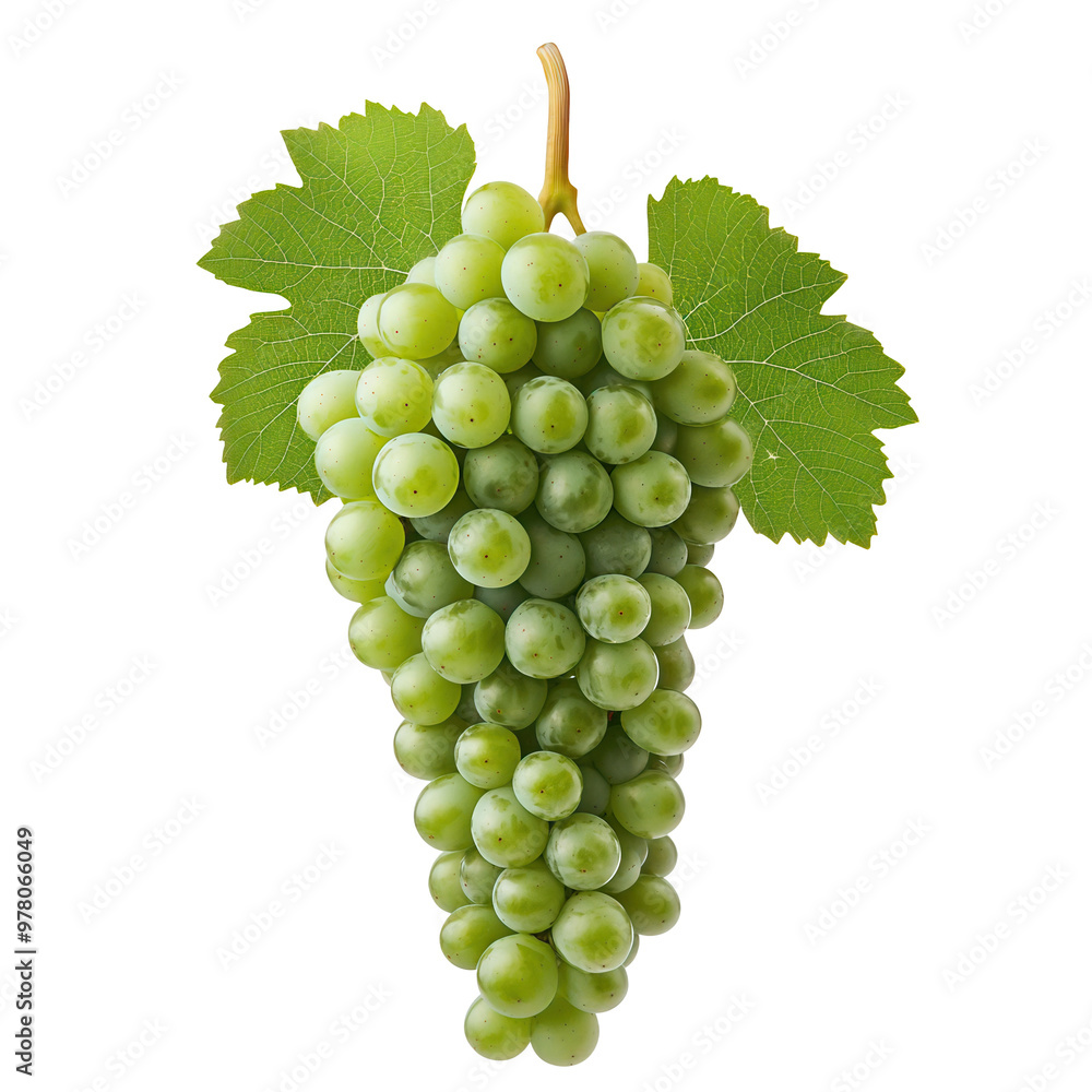 Obraz premium Fresh green grape bunch with vibrant leaves, isolated on a transparent or white background.