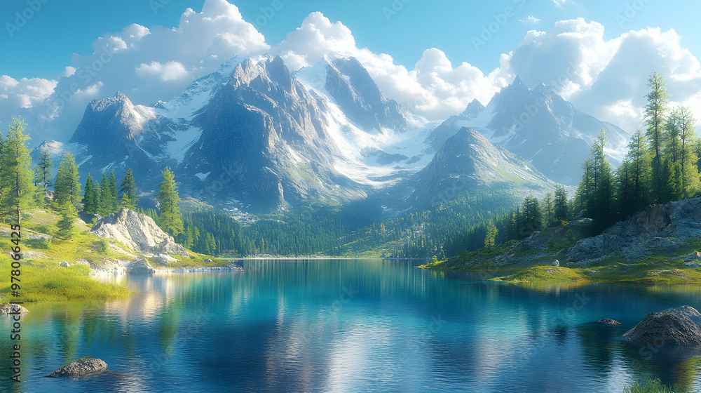 Mountain Lake with Snow-Capped Peaks and Clear Blue Water - 3D Illustration Mountain Lake with Snow-Capped Peaks and Clear Blue Water - 3D Illustration