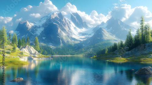 Mountain Lake with Snow-Capped Peaks and Clear Blue Water - 3D Illustration