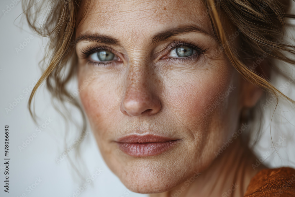 Close Up Portrait of a Woman with Freckles and Intense Eyes Close Up Portrait of a Woman with Freckles and Intense Eyes