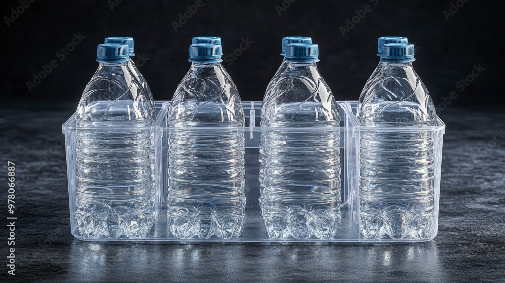 Plastic bottle collection bin with a transparent design, bottles neatly arranged, in a school hallway, bright indoor lighting Plastic bottle collection bin with a transparent design, bottles neatly arranged, in a school hallway, bright indoor lighting